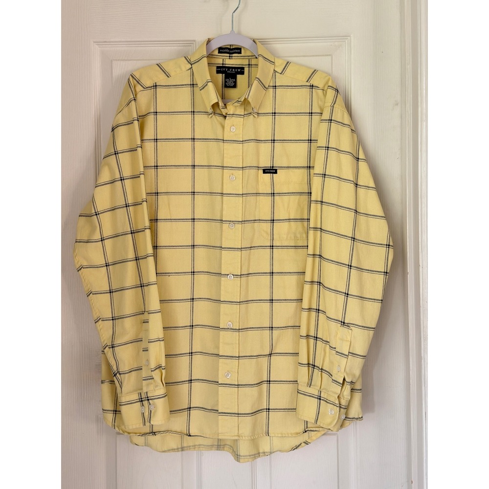 Ivy Crew Button Down Shirt Mens Large Yellow Plaid Wrinkle Resistant Cotton